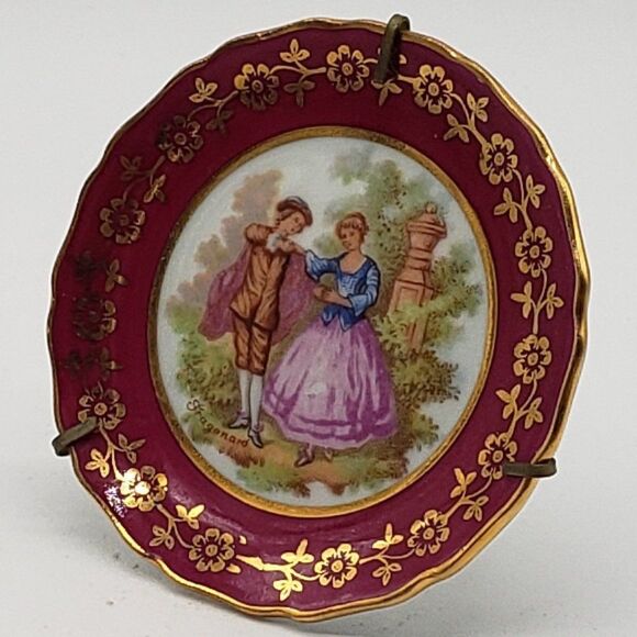 Limoges France Vintage Porcelain Cranberry Gold Gilt Dancing Couple Mini Plate - Picture 5 of 6